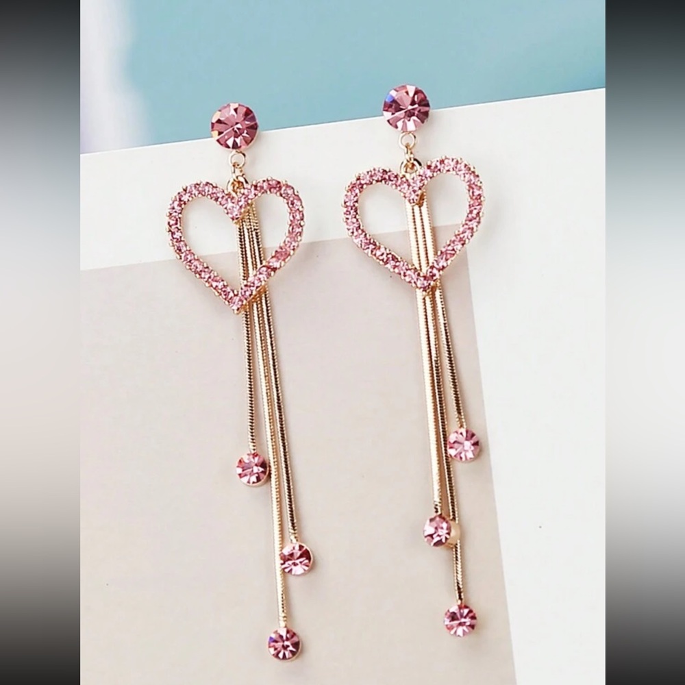 Pink Rhinestone Heart Earrings, Pink Heart Chandelier Earrings